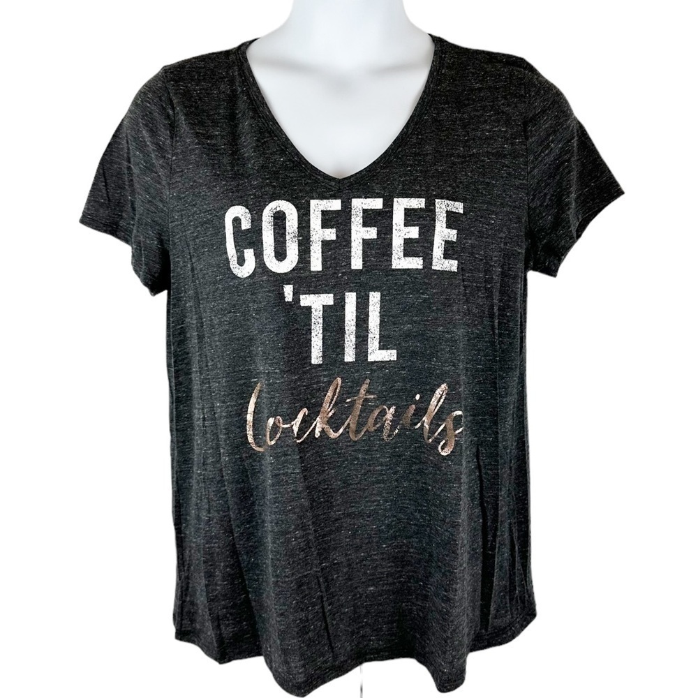 Heather Gray and Gold Coffee 'Til Cocktails Graphic V Neck Top